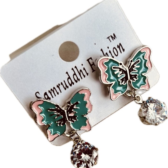 Pink & Green Butterfly Enamel Rhinestone Crystal Fashion Drop Dangle Earrings - Picture 1 of 3